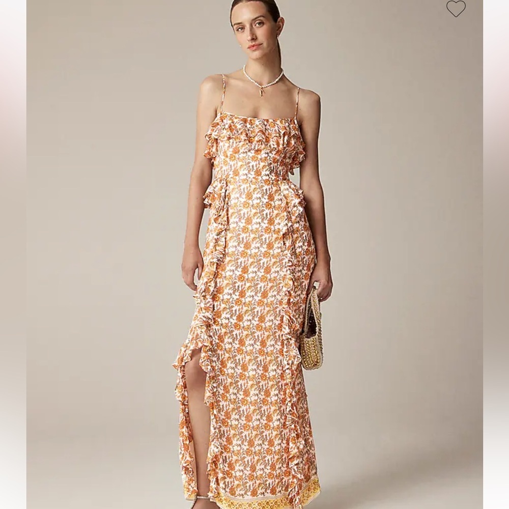 J. Crew Collection Cascading Ruffle Dress in Sunset Rose Block Print Chiffon